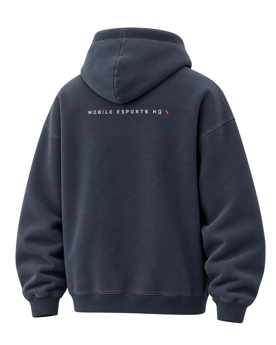 Night Shift Hoodie, back view with MOBILE ESPORTS HQ across the shoulders