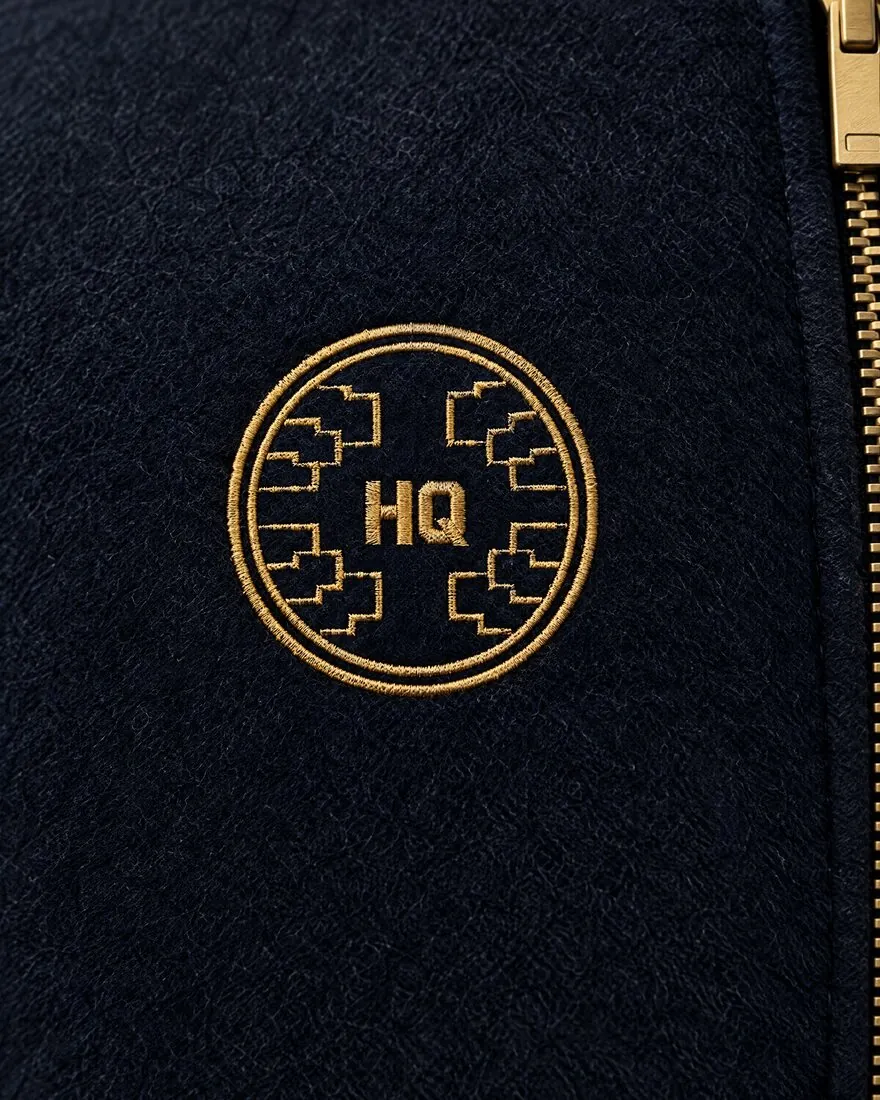 Close-up of the gold embroidered seal