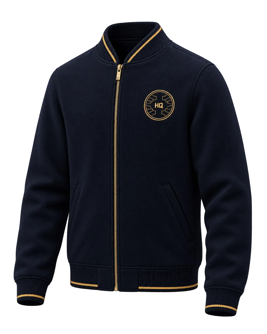 Title Jacket in night navy with gold trim, front three-quarter view