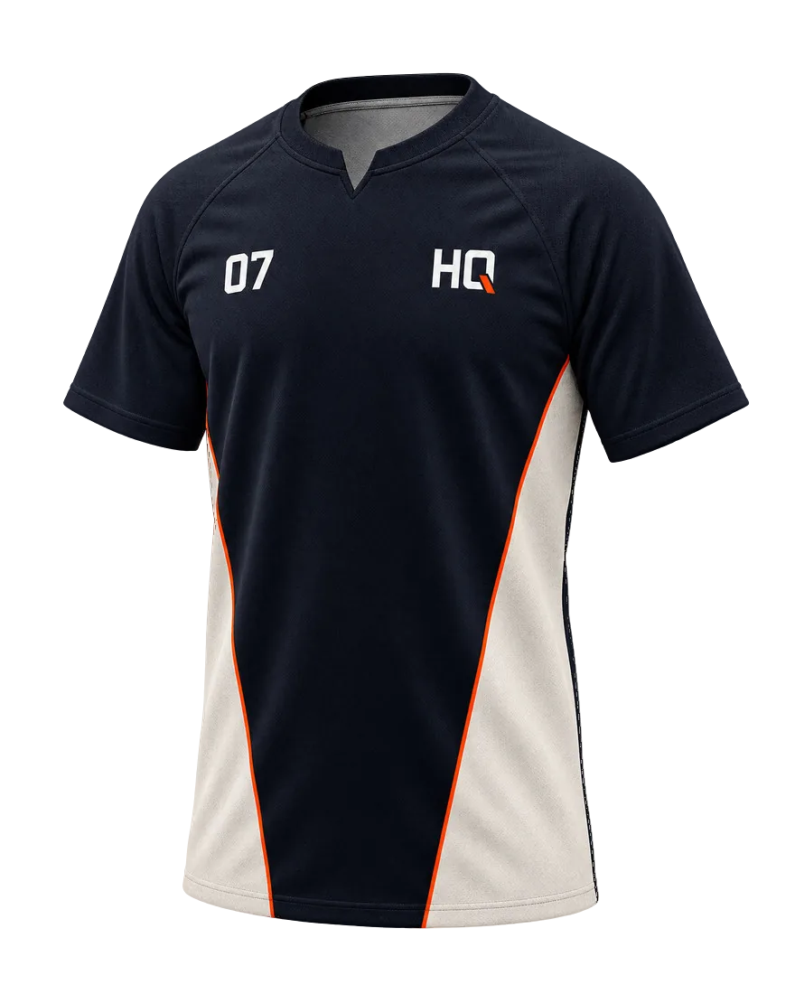 Match Jersey in night navy with bone side panels, front three-quarter view