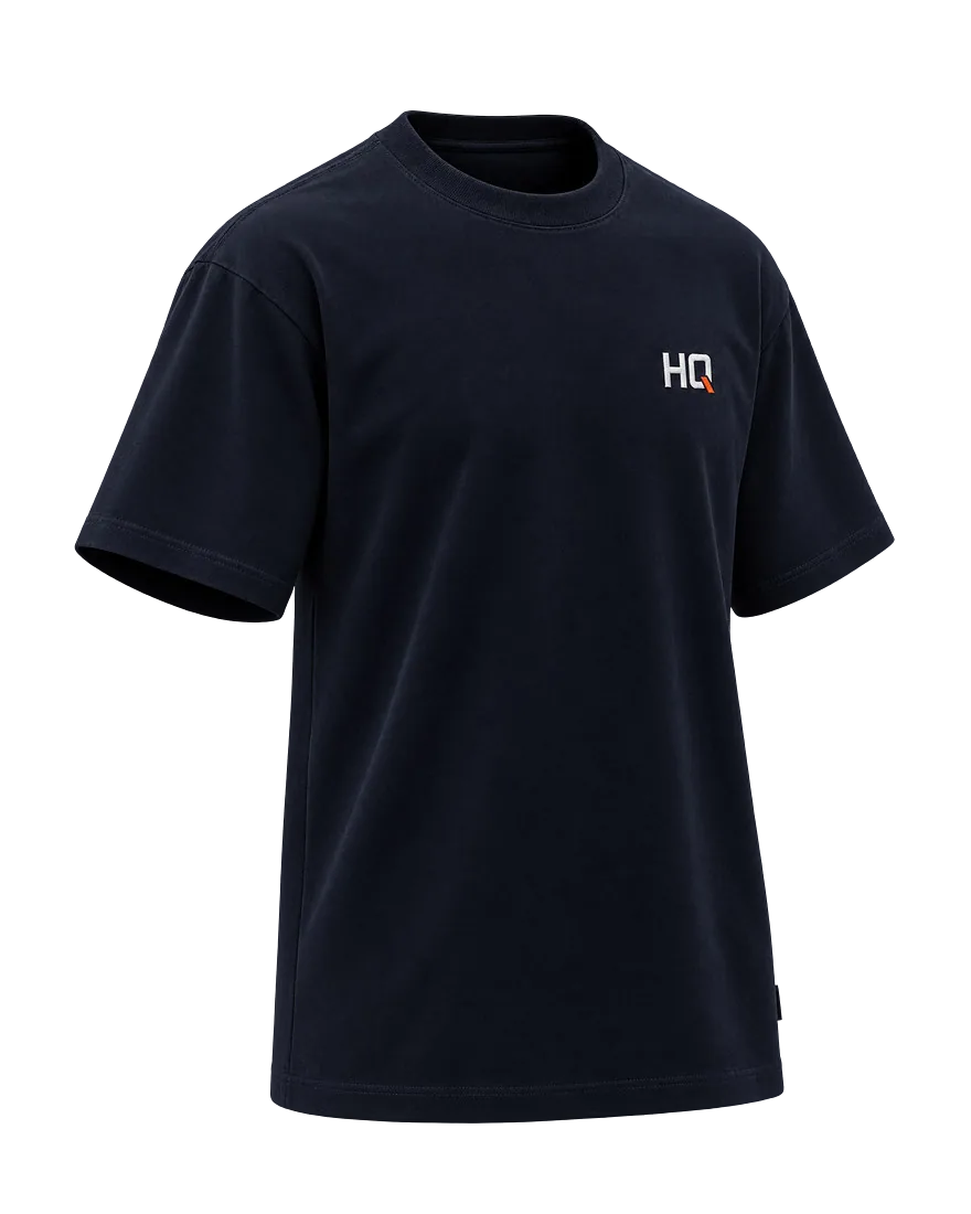 Base Tee in night navy, front three-quarter view