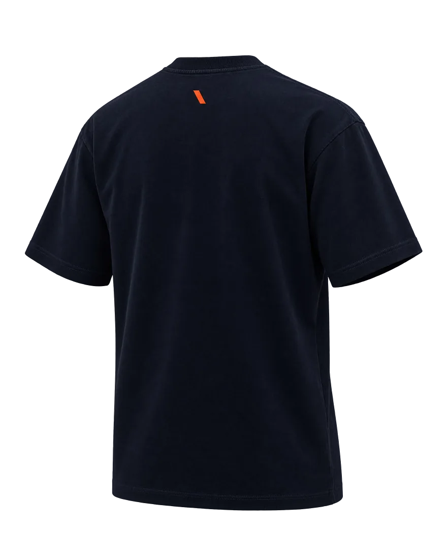 Base Tee, back view with the small orange Tail below the collar